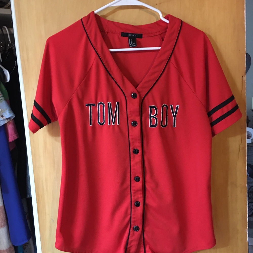 Red baseball button up graphic shirt TOMBOY